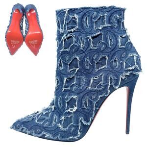 LOGO Christian Louboutin Heels So Kate Boots Ankle Booties Blue Denim NWT 40